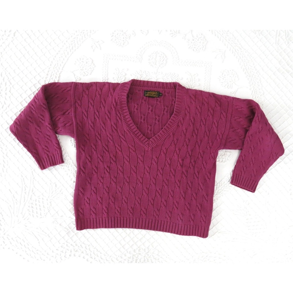Vintage 90s Eddie Bauer Womens Small Fuchsia V Neck Cable Knit Sweater Boxy Crop
